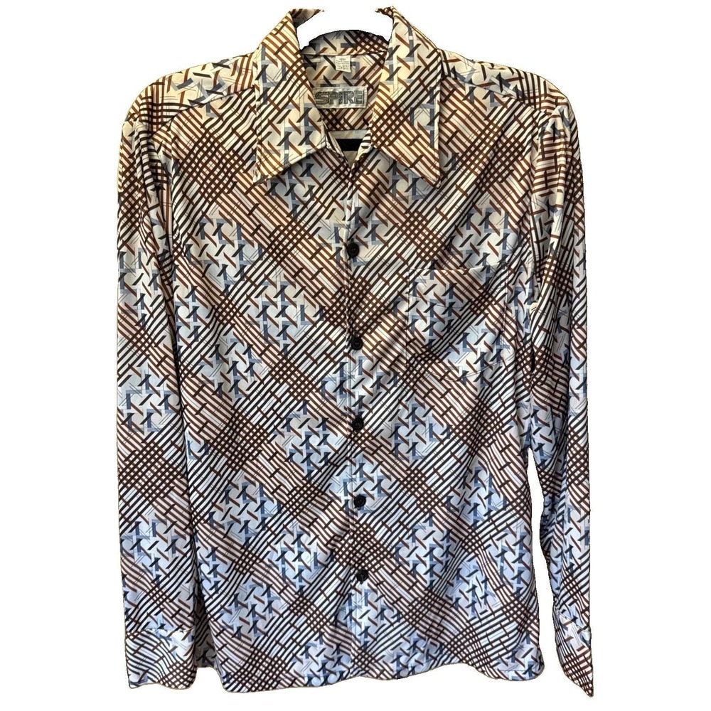 Vintage 1970s Spire California Disco Shirt medium Geometric Plaid Dagger Collar